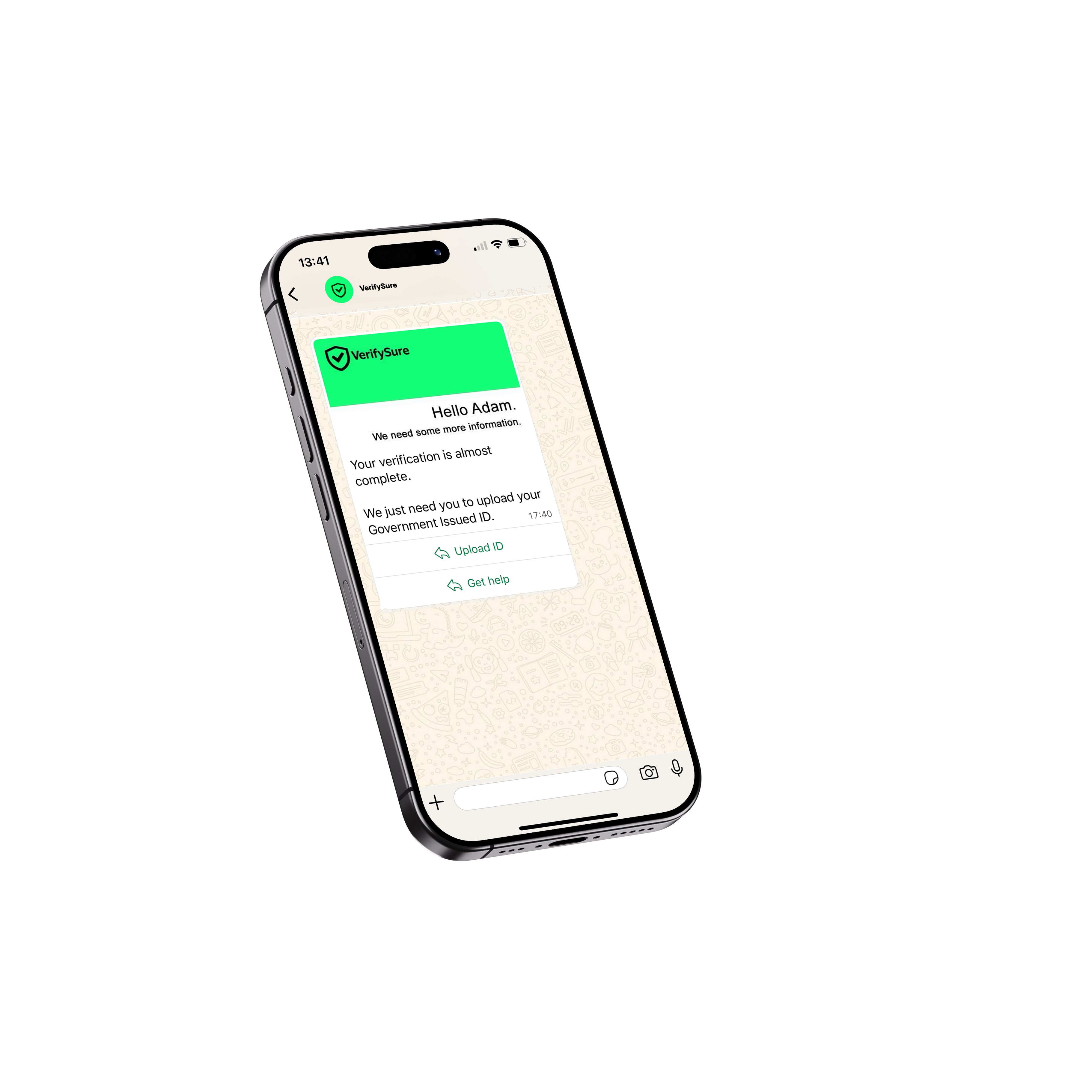 WhatsApp mockup for onboarding and verification